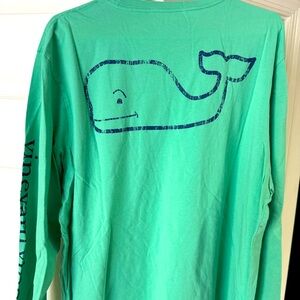 Vineyard vines mint green long sleeve shirt with navy blue whale decal
